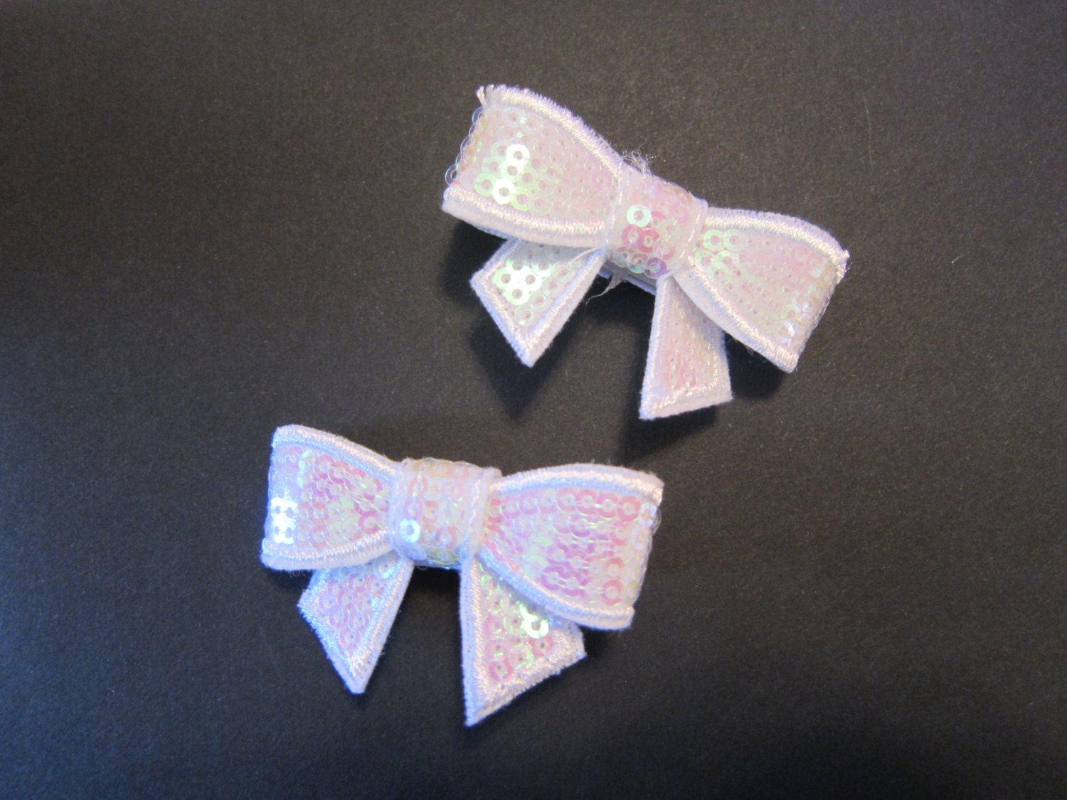 Set of Two (2) White Sequin Bow Ribbon Lined Alligator Clips
