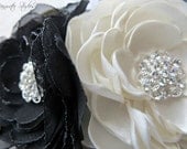 Bridal Hair Comb - Black And White Wedding, Black Chiffon, White Satin, Rhinestones, Black And White Feathers, Made To Order