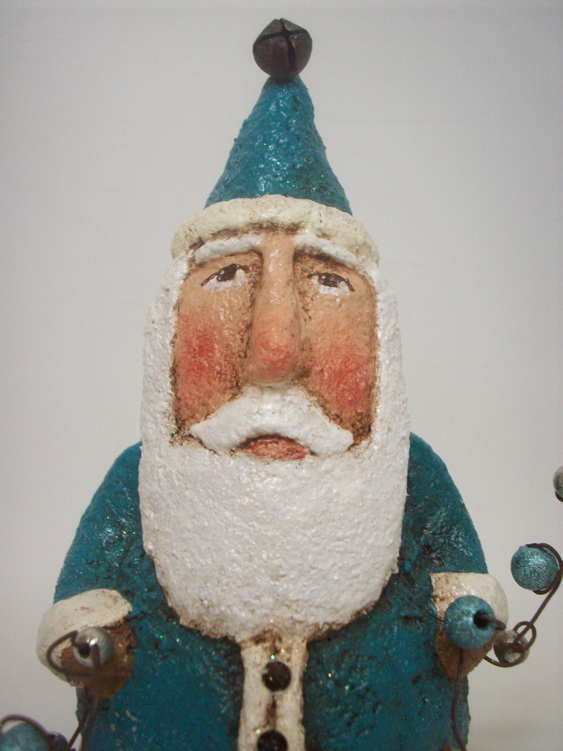 Blue Primitive Paper Mache Folk Art Santa
