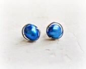 Royal Blue Freshwater Pearl Stud Earrings // Cobalt Sterling Wire Wrapped Posts