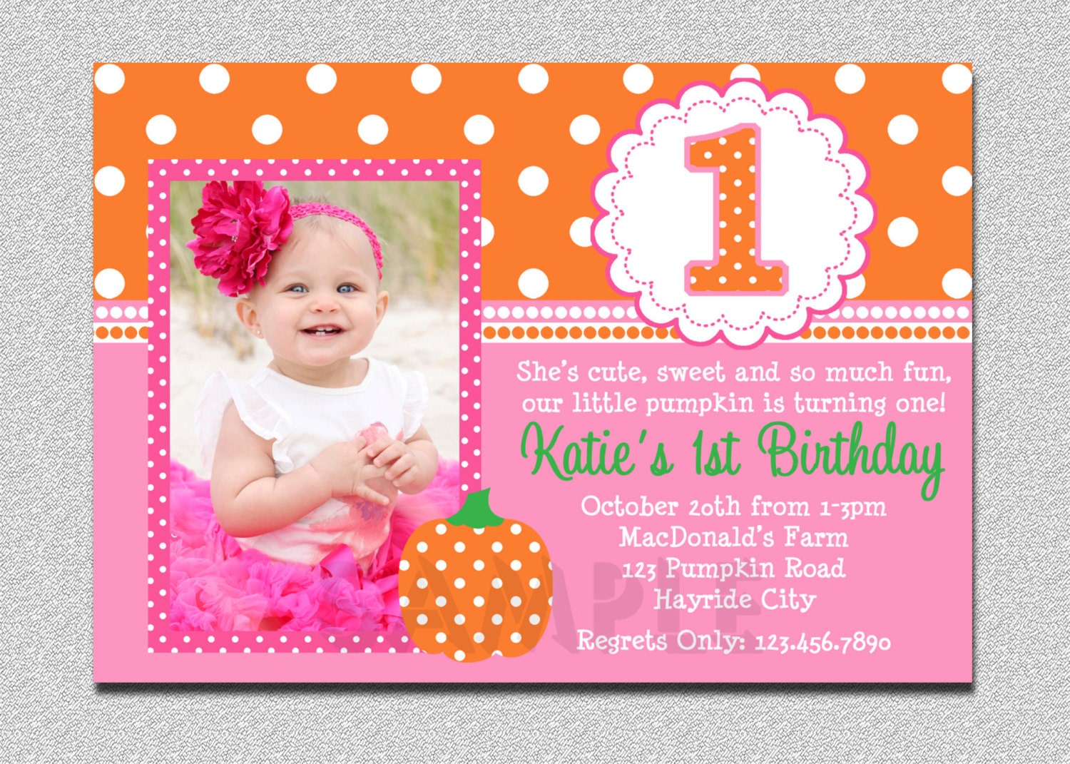 Pumpkin Birthday Invitation Fall Pumpkin 1st Birthday Party Invitation Boys or Girls