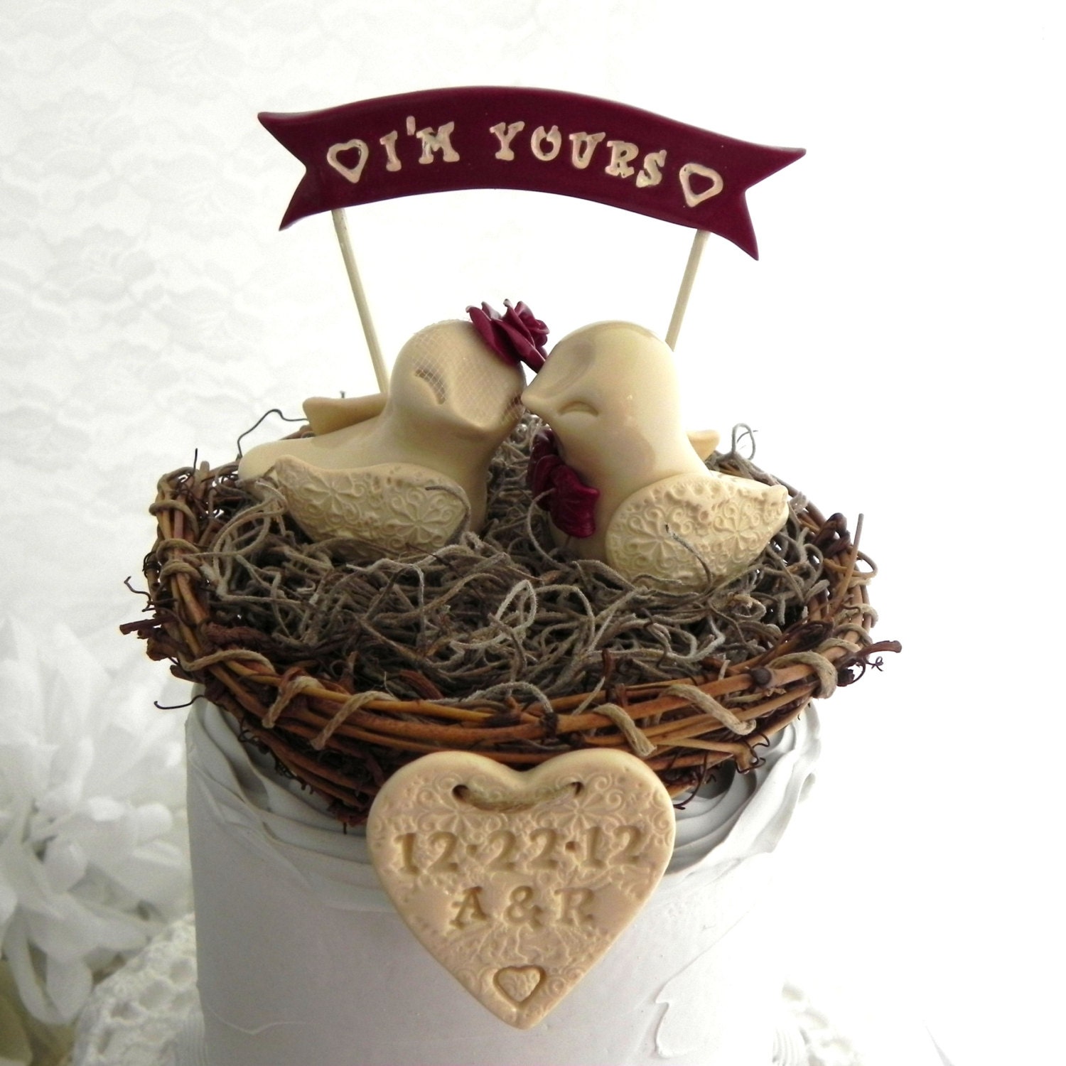 Rustic  Love Bird Wedding Cake Topper - Tan, Burgundy Love Birds in Nest - Personalized Heart and Banner