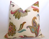 Botanical Designer Pillow - 18 inch - Turquoise - Green - Pink - Gold - Ivory - Floral Pillow - Decorative Pillow - Linen Pillow - Paisley