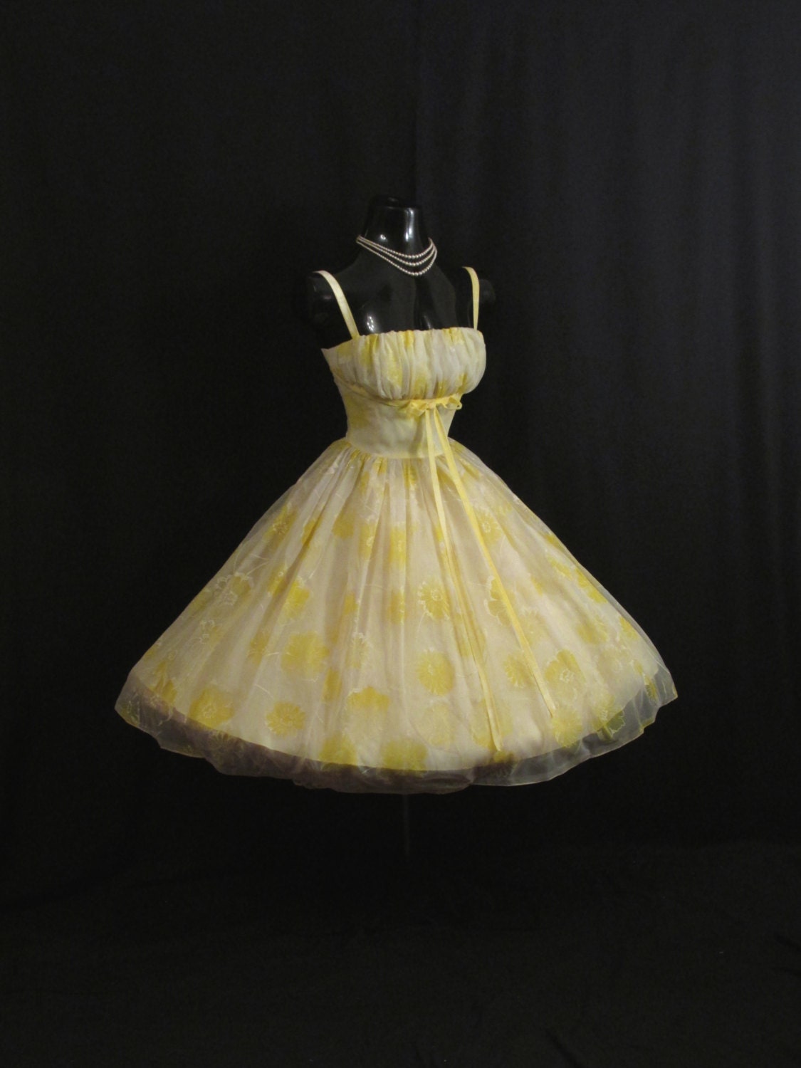 Vintage 1950's 50s Bombshell Cupcake Lemon Yellow Floral Flocked Ruched Chiffon Organza Party Prom Wedding Dress