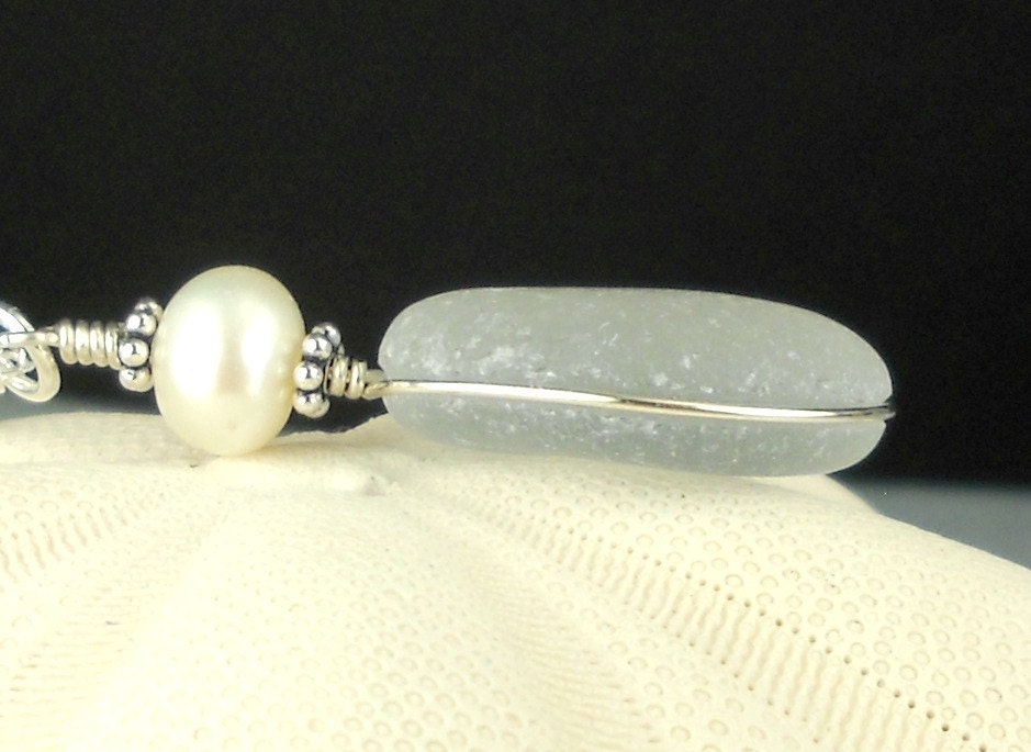 GENUINE Gray Sea Glass Necklace RARE Wire Wrapped In Sterling Silver With Pearl