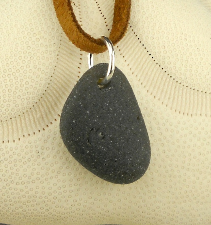 Black Sea Glass Pendant Leather Cord Unisex