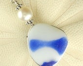 Eco Friendly Wire Wrapped GENUINE Santa Cruz  Sea Glass Necklace Cobalt Blue And White