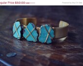 MEMORIAL DAY SALE Lux Three Stone Stacking Brass Bracelet Boho Arizona Turquoise Gemstone Cuff