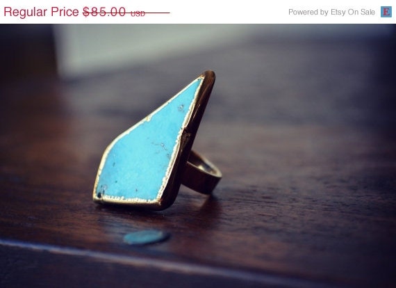 ON SALE NOW Size 7  /// Turquoise Electroformed Gemstone Ring /// Gold