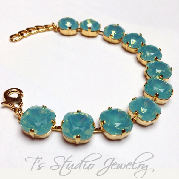 Mint Green Cushion Cut Gold Tone Bracelet - Swarovski Turquoise Pacific Opal Stones