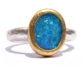 Natural Rough Australian Opal Ring - 24k Solid gold and Silver Ring - Gemstone Ring - Stackable Ring.