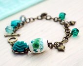 Antique Brass Bracelet, Teal Green Charm Bracelet, Dark Green Bracelet, Turquoise Rose Bracelet, Sea Green Emerald: FLOSS