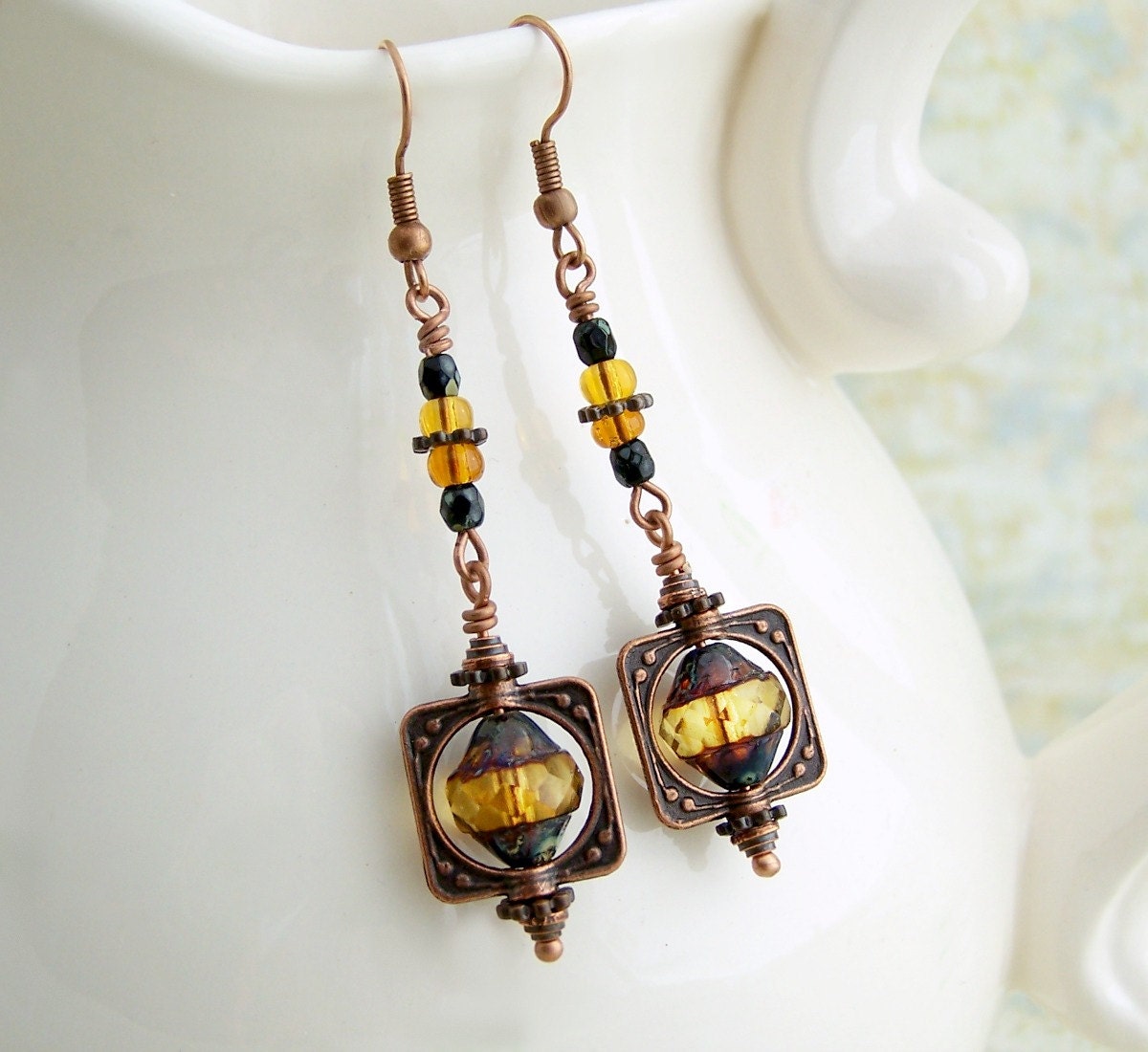 Amber Yellow Earrings in a Steampunk Style - Czech glass beads and copper bead frames - Steam punk Jewelry