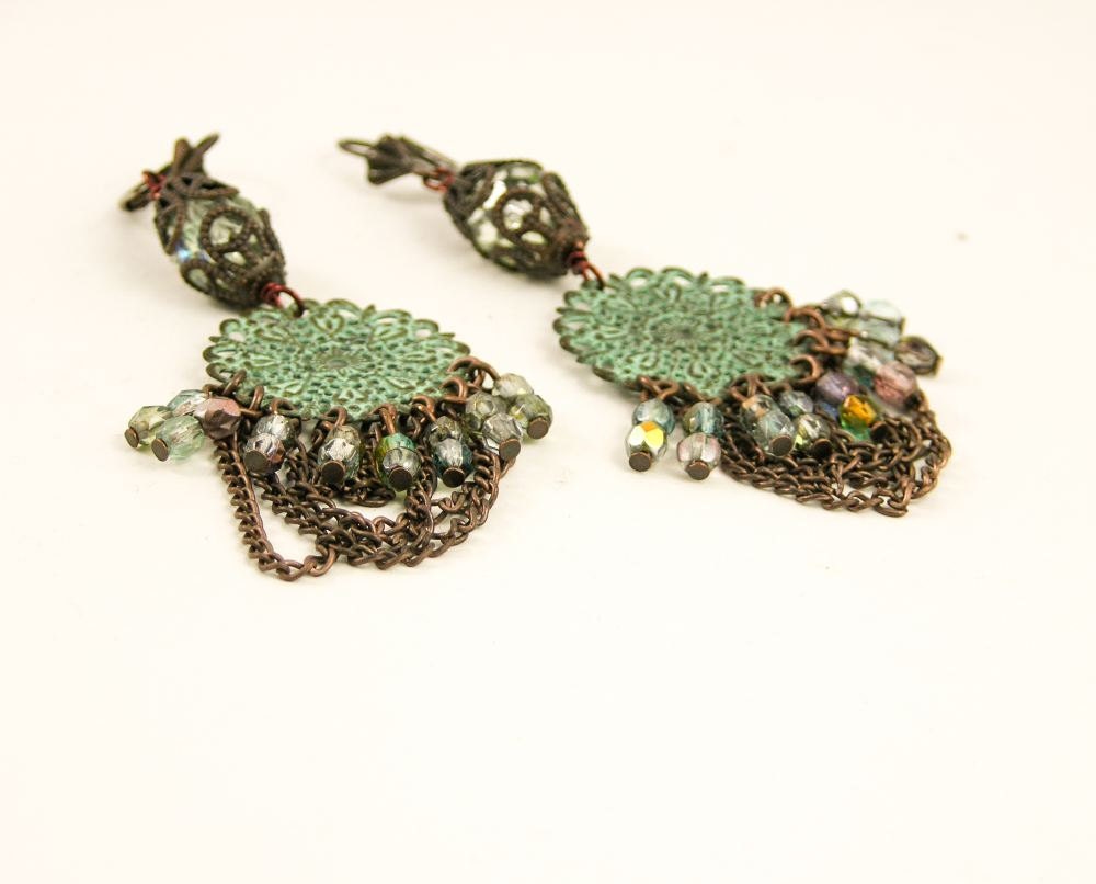 Earrings long dangle chandelier verdigris patina aqua copper boho filigree discs chains victorian teamt free shipping