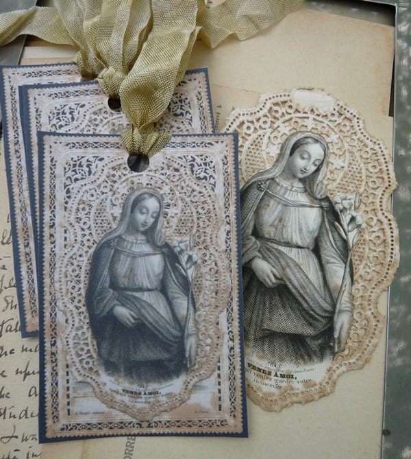 Antique French Virgin Mary Tags, Fleur de Lis, by RusticGypsyCreations