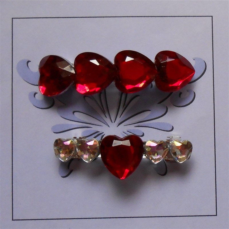Heart Barrette, Red or Crystal Red - Hearts Clip - Rhinestone Hair Accessory