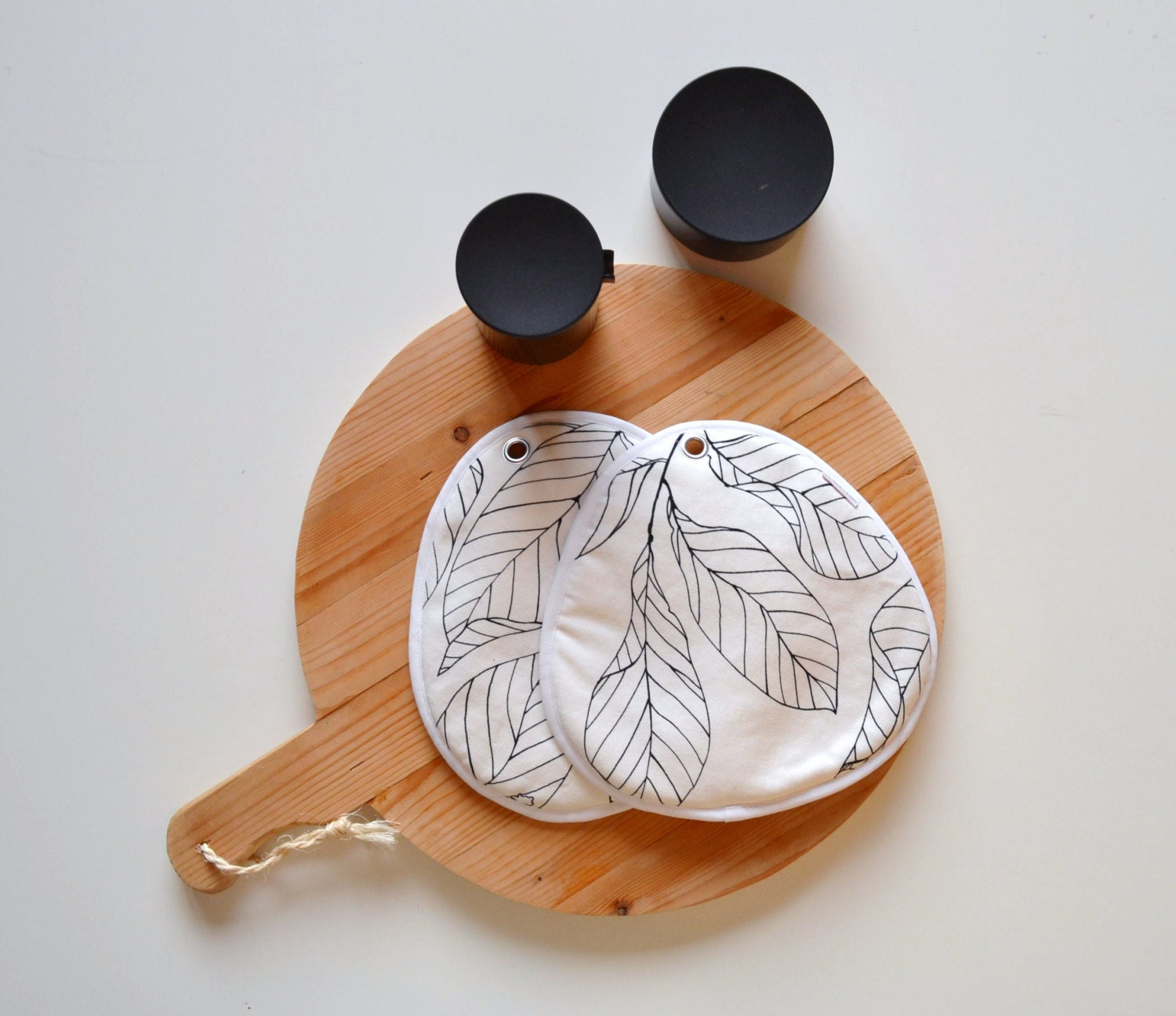 black and white kitchen pair of potholders - minimal kitchen - leaf print