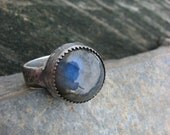 Labradorite Ring Size 7 One of a Kind Sterling Silver Metalwork Metalsmith Jewelry Thick Band Green Blue Stone