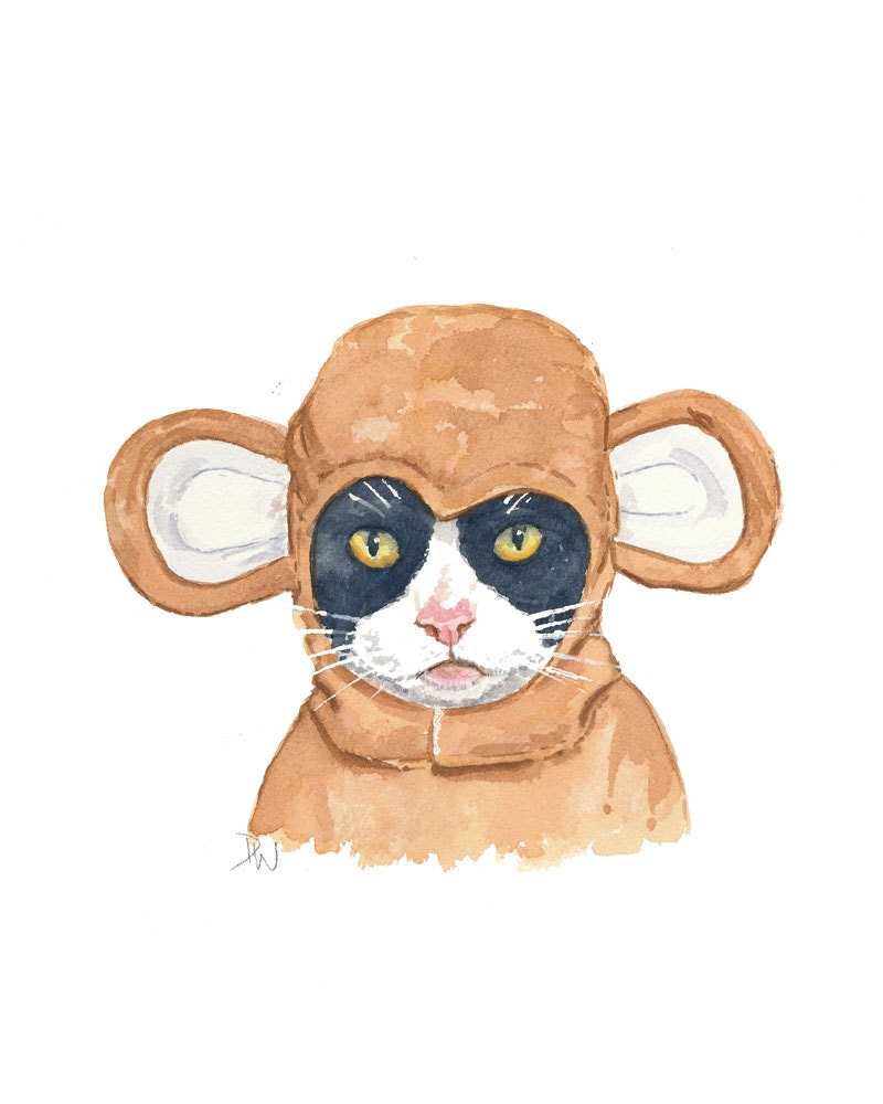 Cat Watercolour Original Painting, Tuxedo Cat, Monkey Costume, Grumpy Cat, Cat Illustration, 8x10