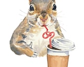 5x7 Watercolor PRINT - Squirrel Watercolour, Squirrel Painting, Coffee Squirrel, Art Print