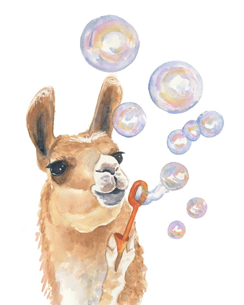 Watercolor PRINT - Llama Watercolor, Bubble Blowing, Nursery Art, 11x14 Painting Print