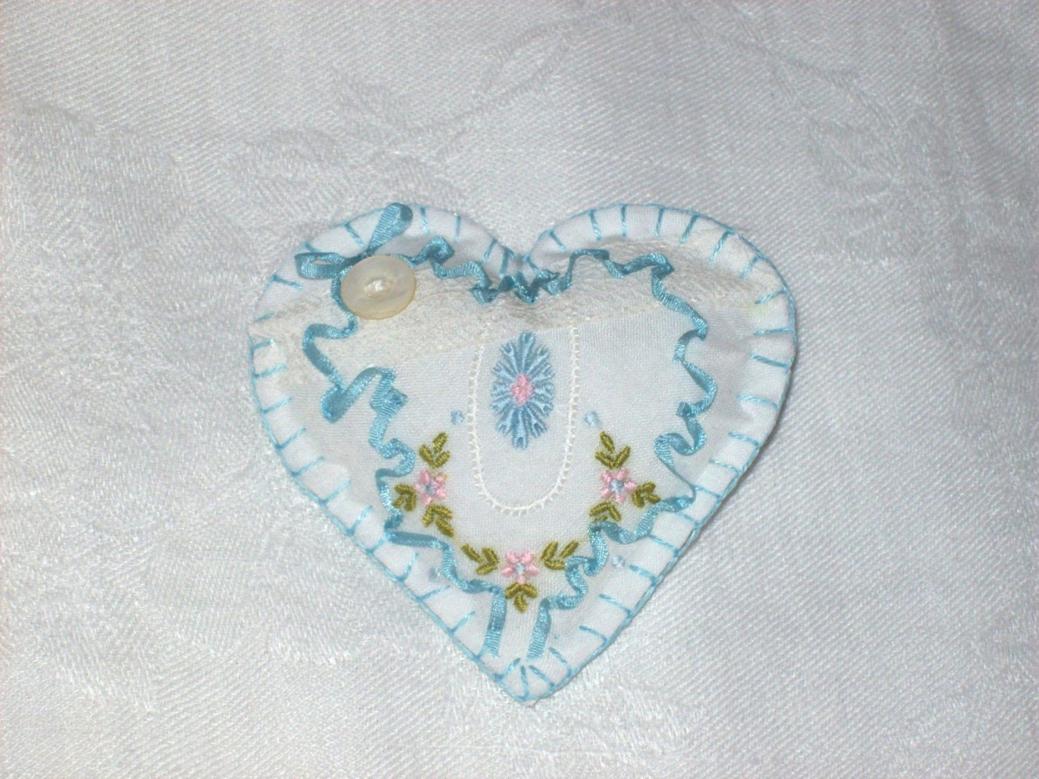 Vintage Hanky Heart Brooch Pastel Blue