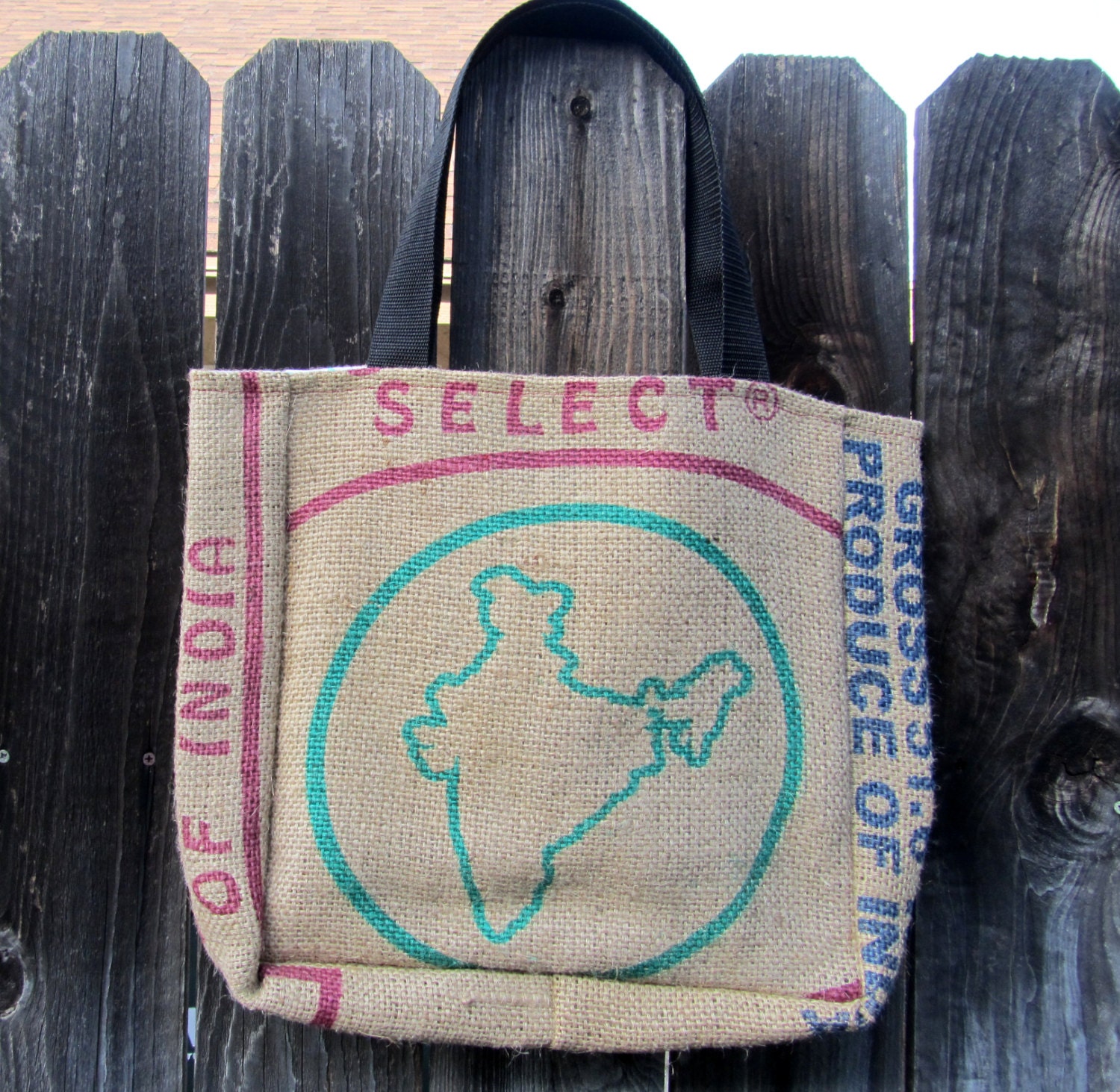 Coffee Burlap Tote Bag- India with Daisy Lining