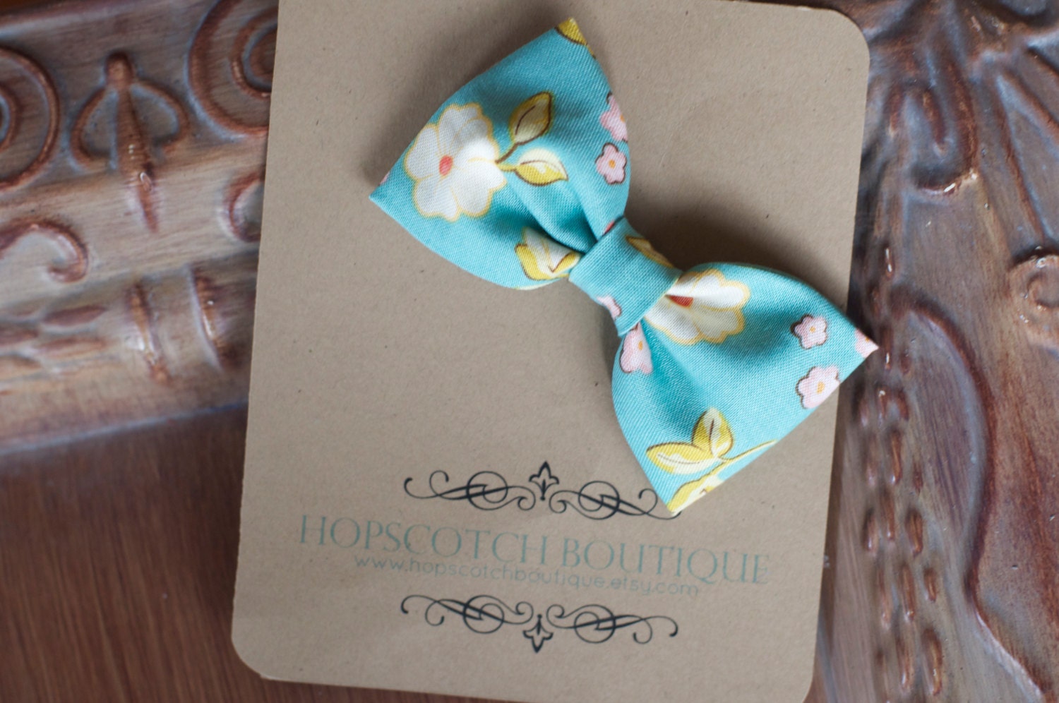 Aqua Floral Fabric Bow Tie Hair Clip