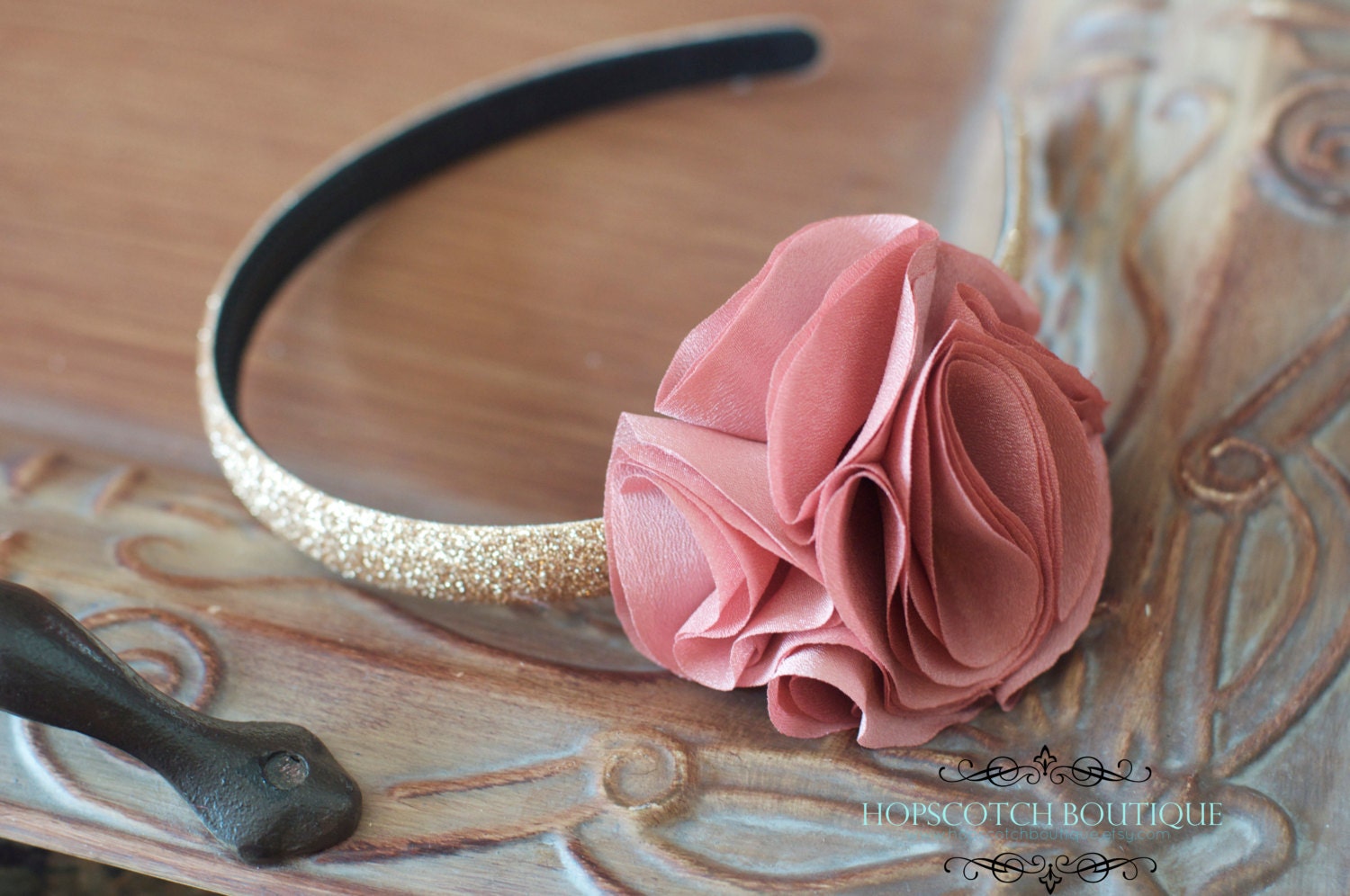 Ruby in Old Rose on a Gold Sparkle Headband girls headband