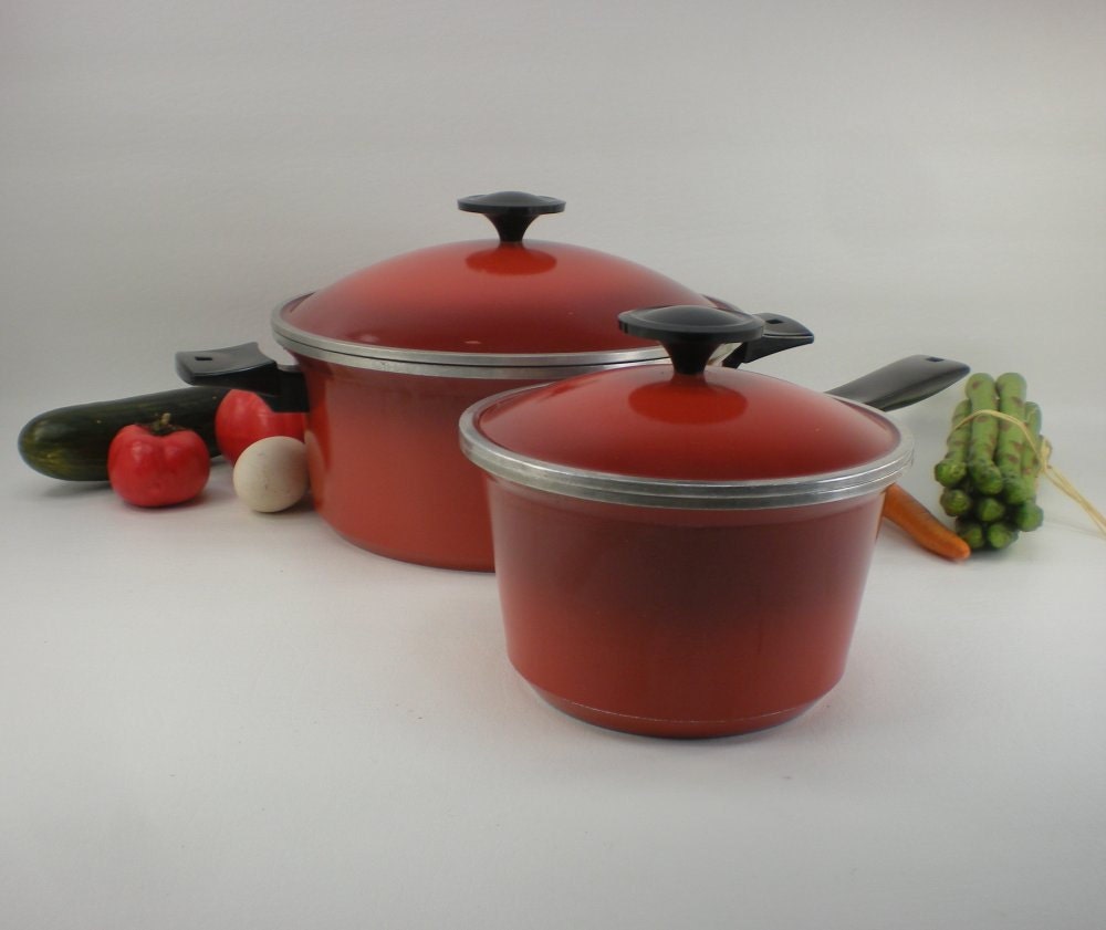 GHC Magnabrite Magnalite Red Enamel Aluminum Pots - 5 Qt Dutch Oven 2 Qt Saucepan