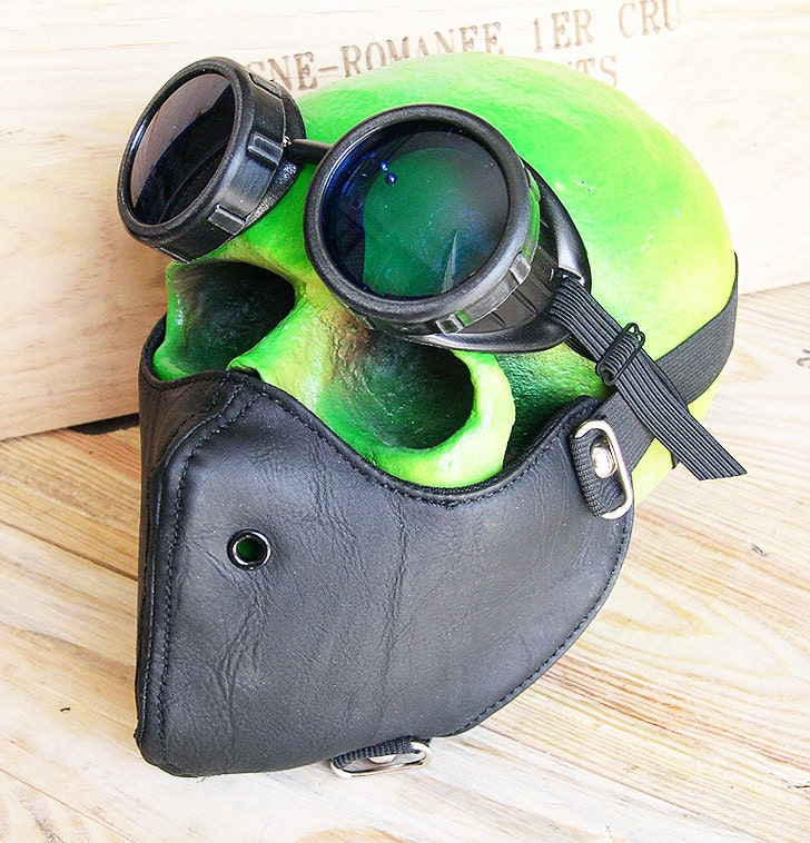 2 pc. set of Black Faux Leather Steampunk Dust Riding MASK with Matching GOGGLES - A Burning Man Must Have
