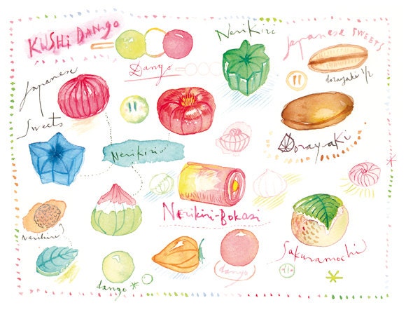 Kitchen art Japanese sweets print Watercolor illustration 8X10 Food poster Cake painting Japan asian Kawaii print Pink Pale Pastel Soft