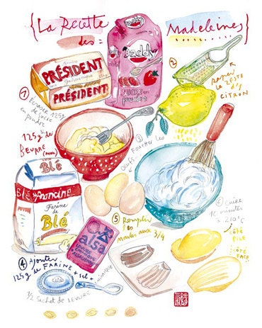 Madeleines illustrated recipe print, Kitchen art, French cake recipe illustration poster,  8X10 food print, Kitchen decor, Bakery print