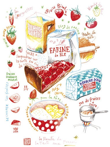 Strawberry pie recipe 12X16 Poster Kitchen art Food print Cake illustration drawing wall hanging French kitchen decor
