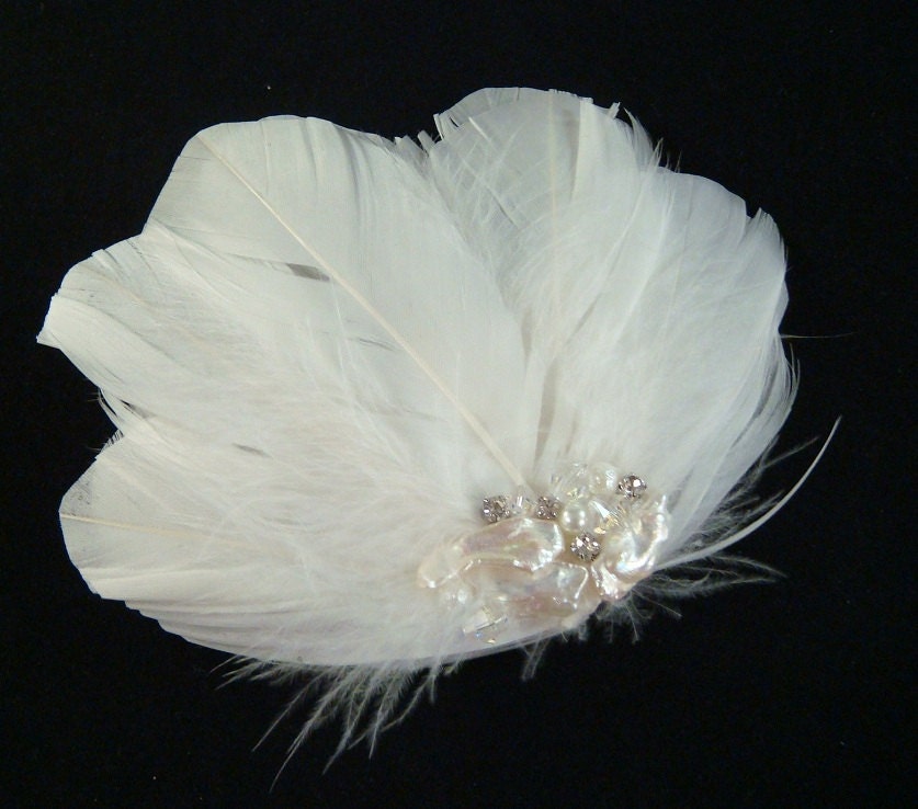 Bridal Headpiece - Beach Wedding Feather Fascinator / bridal feather hair clip with REAL pearls, crystals, and rhinestones