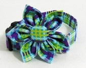 Dog Collar Flower Set - Purple Green Plaid- Made to order in your choice of size.