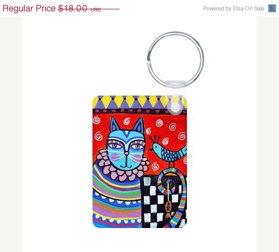 50%  OFF SALE - Folk Art Tabby Cat Keychain - Heather Galler Key Chain Pet Animal Unique Gifts Modern Abstract Art Garden Flowers