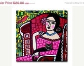 50%  OFF SALE - Mexican Folk Art Ceramic Tile - Frida Kahlo Black Cat Art - Mexican Tiles Gift COASTER - Geometric Squares Gifts Green Pink