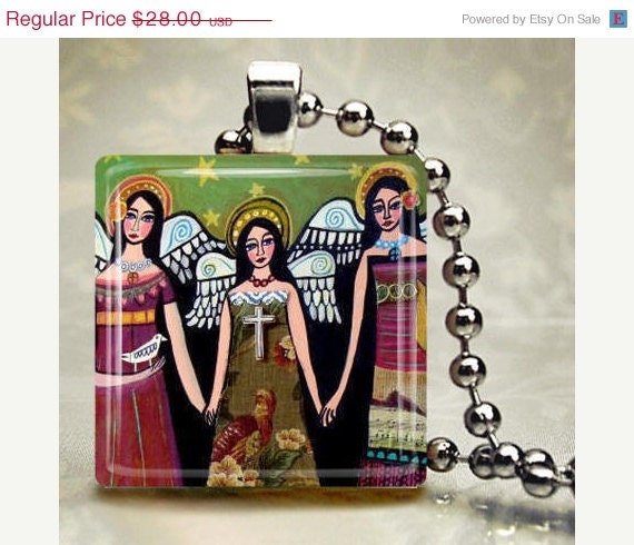 50%  OFF SALE - Angel Jewelry Mexican Necklace Folk ARt Pendant Silver Glass Christmas Gift Pink Blue Unique Gift