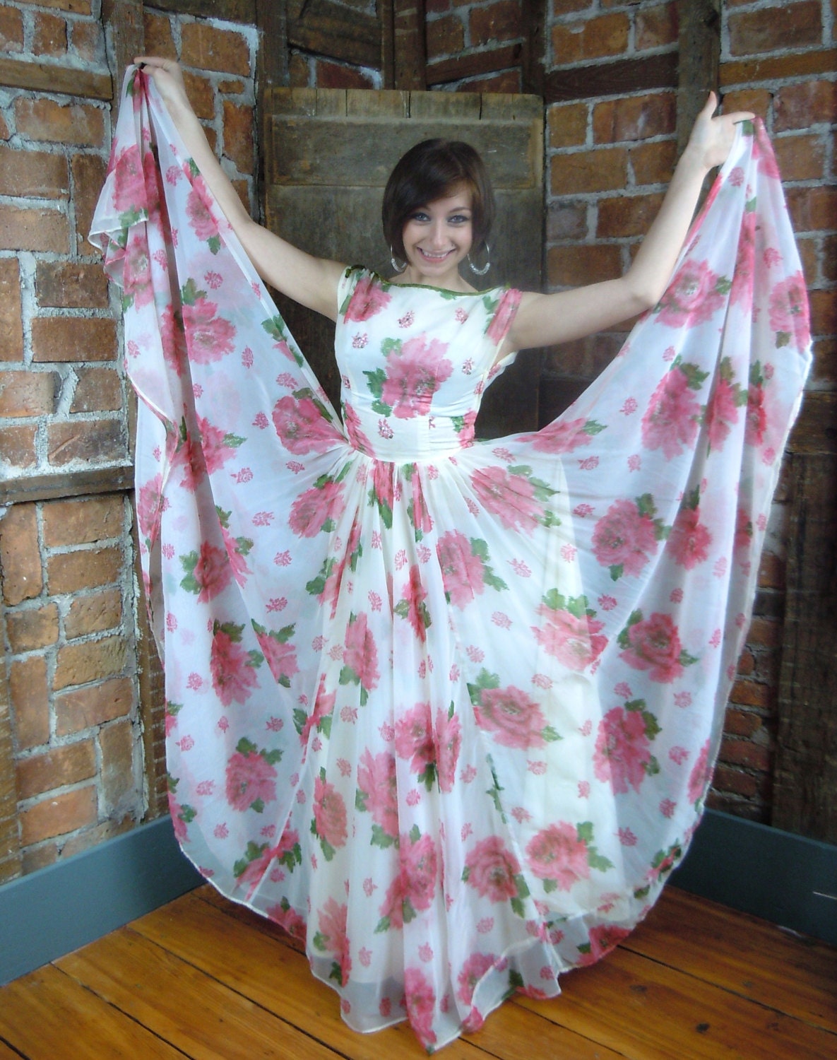 1940s Floral Dress- Rhinestone Bodice- Flowers and Sequins Gown