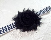 Black Shabby Chic Chiffon Flower Headband on a Black and White Chevron Elastic Headband. Baby Hair Accessories. Girls Hair Accessories