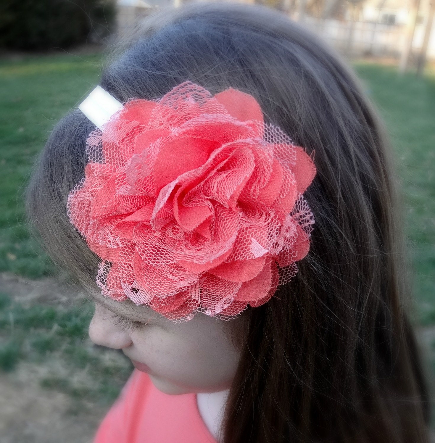 Coral Chiffon and Lace Flower Headband. Baby Hair Accessories. Girls Hair Accessories. Baby Girl Hair Accessories. Coral Flower Headband