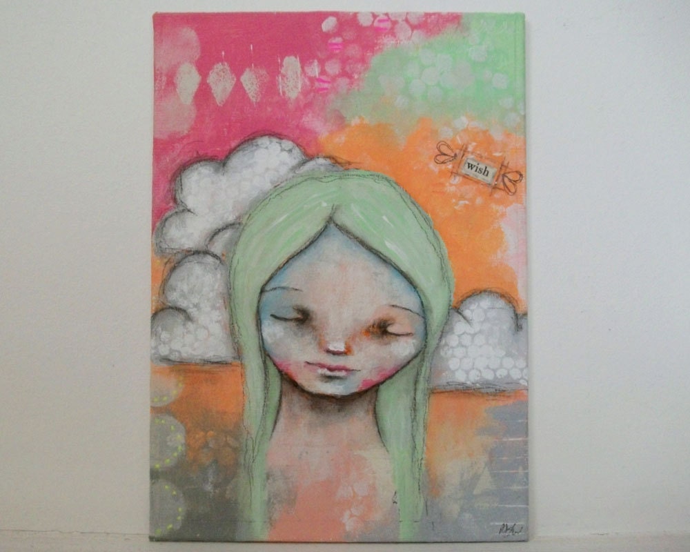 whimsical painting folk art painting whimsical art painting mixed media original painting 5x7 inch canvas board - Make a wish