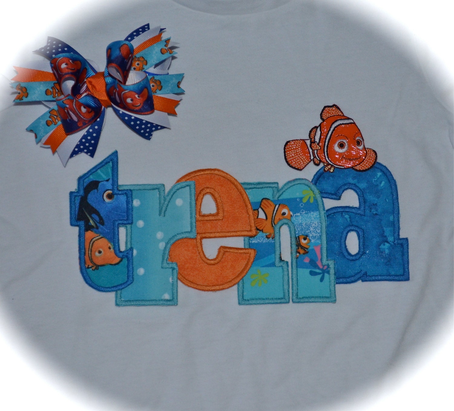 Custom Boutique Summer Disney Vacation FINDING NEMO girls Customized personalized applique name Shirt matching Hair Bow set