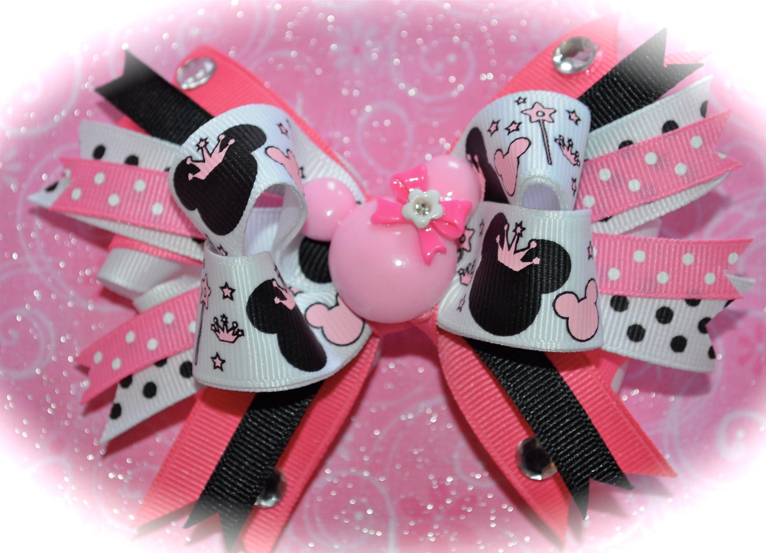 Custom Boutique toddlers Disney Vacation girls Pink Black Princess Wand MINNIE MICKEY MOUSE  Rhinestone Bling Birthday Party Hair Bow