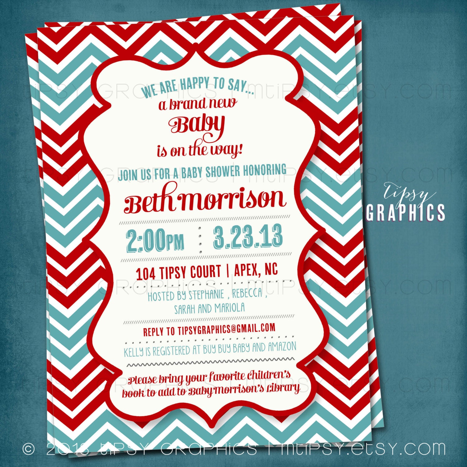 Red & Teal Gender Neutral Chevron Baby Shower Party Invitation by Tipsy Graphics. Birthday Bridal Baby Il_170x135