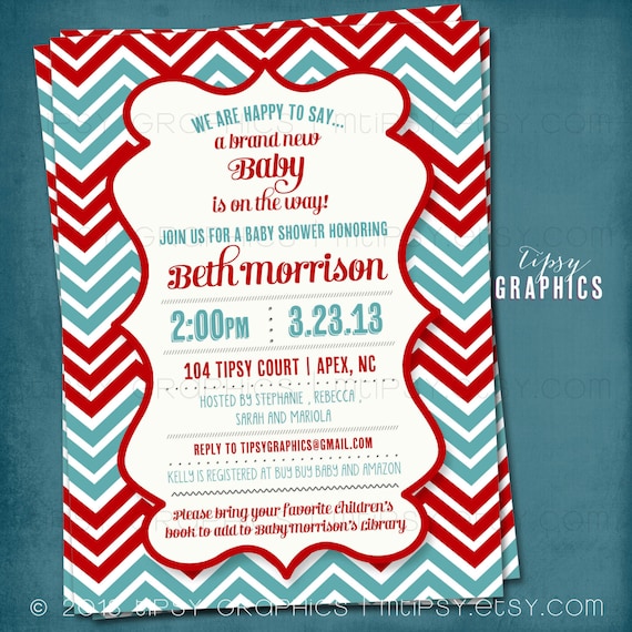Red & Teal Gender Neutral Chevron Baby Shower Party Invitation by Tipsy Graphics. Birthday Bridal Baby Il_570xn