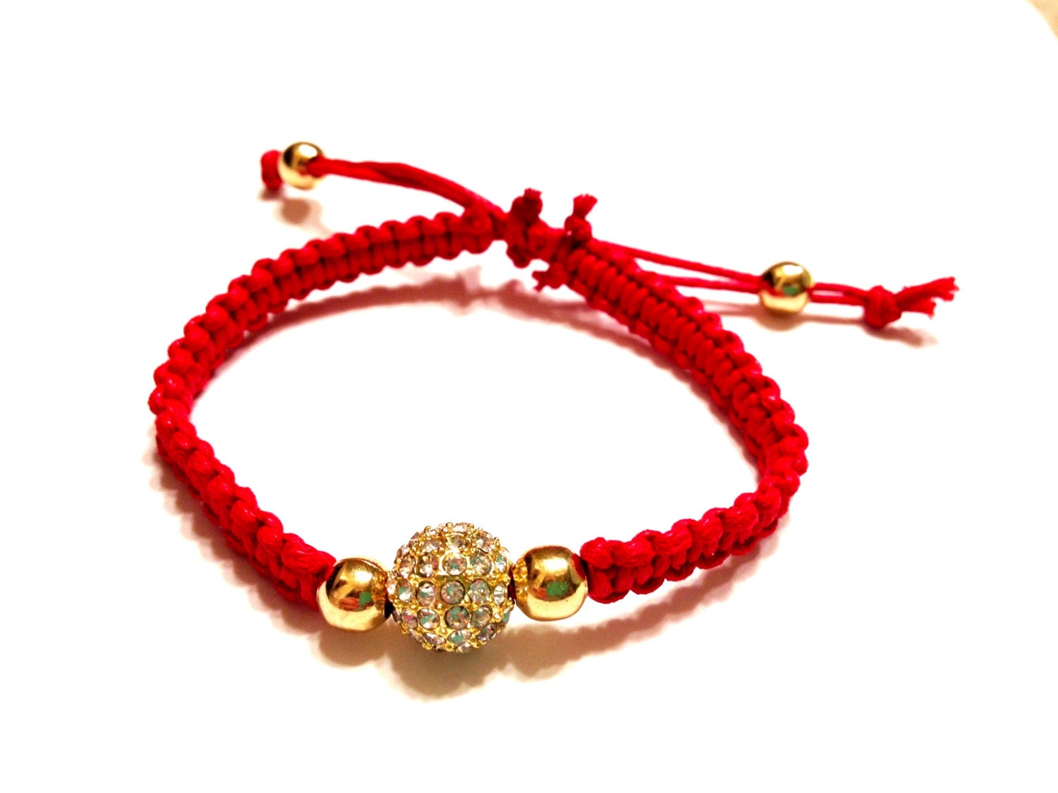 Gorgeous Red Macramé Cord Adjustable Bracelet with Gold Metal Pave Crystal Rhinestone Bead Comfortable Gift DOLLAR SHIPPING in US