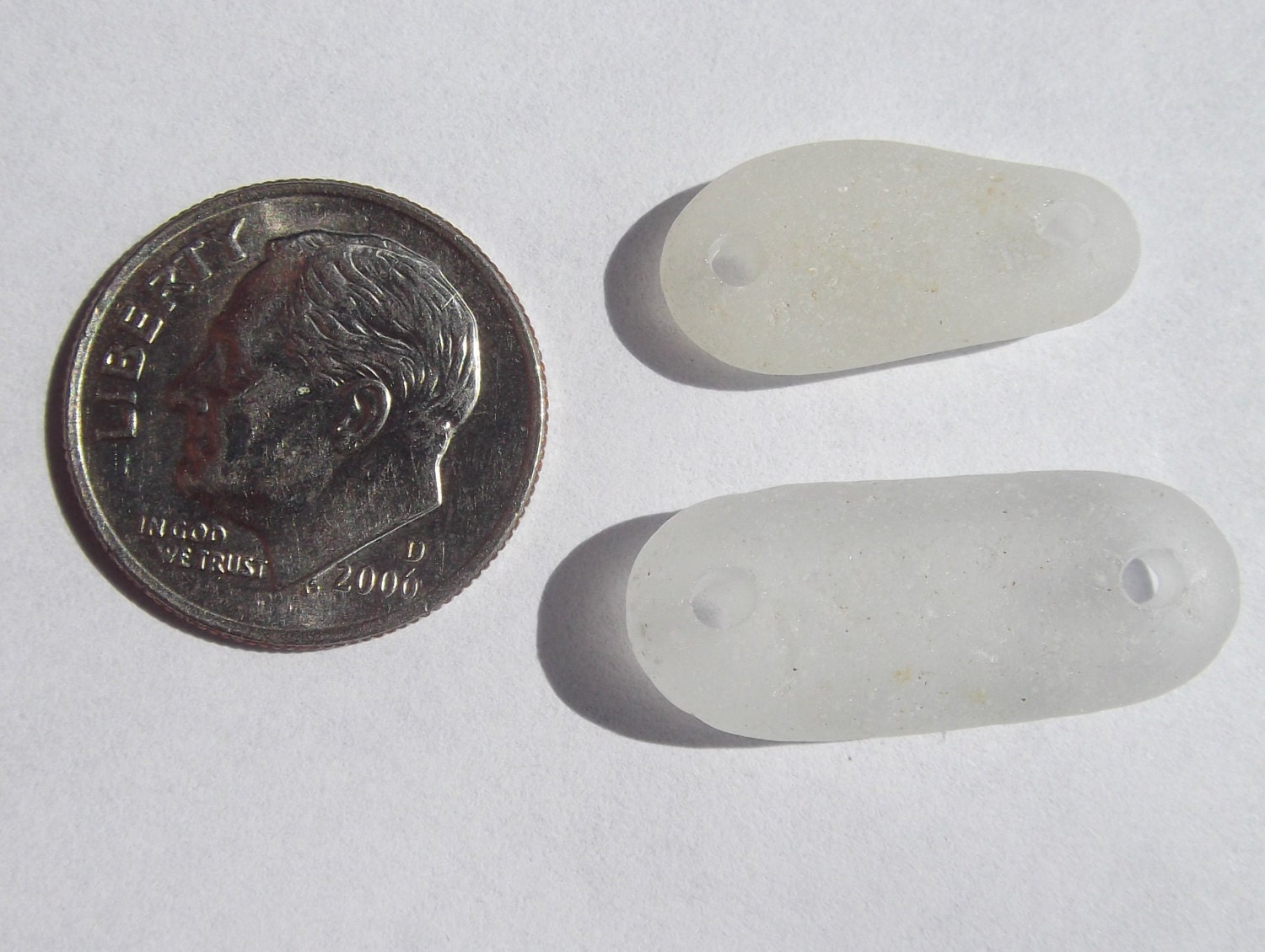 Two White Double Drilled Sea Glass Gems