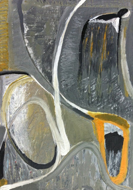 OOAK- Stretch-Abstract Painting on Upcycled Wood-5x7"x1/2- Home Decor-Boho Chic- Concrete Grays- Black and White- Tangerine- Pale Olive